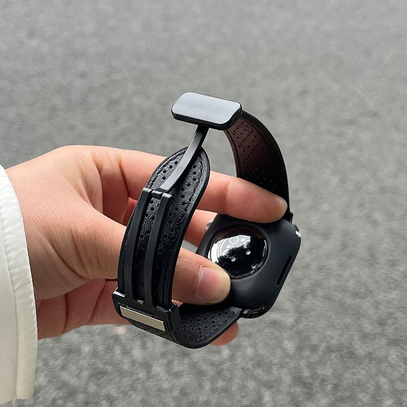 For Apple Watch Ultra 2 Ultra 49mm / Series 9 8 7 45mm / 6 5 4 SE SE (2022) 44mm / 3 2 1 42mm Watch Strap Genuine Cow Leather Magnetic Band - Army Green