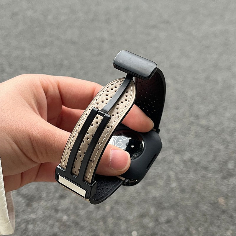 For Apple Watch Ultra 2 Ultra 49mm / Series 9 8 7 45mm / 6 5 4 SE SE (2022) 44mm / 3 2 1 42mm Watch Strap Genuine Cow Leather Magnetic Band - Army Green