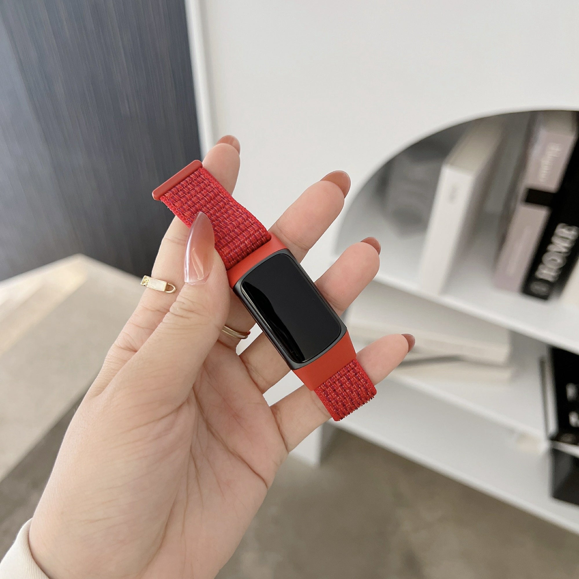 For Fitbit Charge 5 / 6 Nylon Strap Quick Release Sport Watch Band - Red / Black