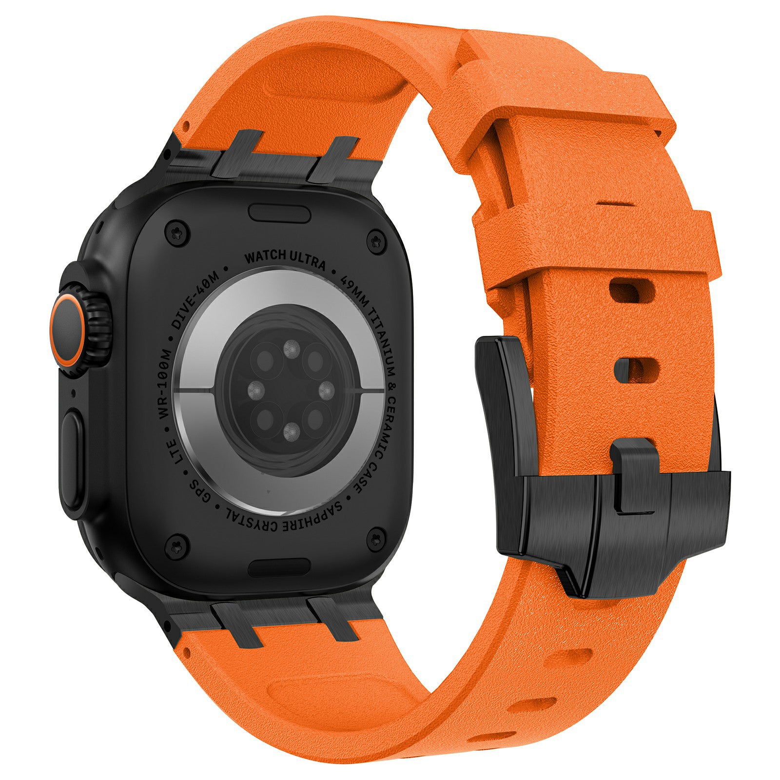 For Apple Watch Ultra 2 Ultra 49mm  /  Series 9 8 7 45mm  /  6 5 4 SE SE (2022) SE (2023) 44mm  /  3 2 1 42mm Stone Texture Strap - Black+Orange