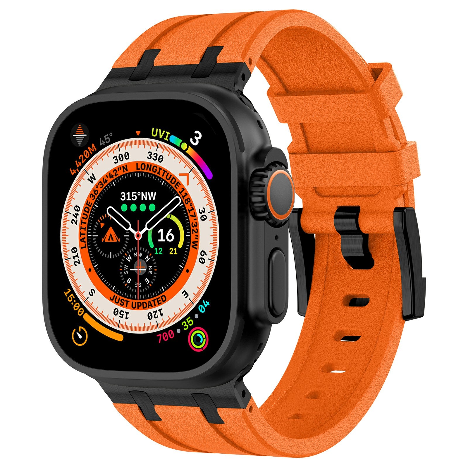 For Apple Watch Ultra 2 Ultra 49mm  /  Series 9 8 7 45mm  /  6 5 4 SE SE (2022) SE (2023) 44mm  /  3 2 1 42mm Stone Texture Strap - Black+Orange