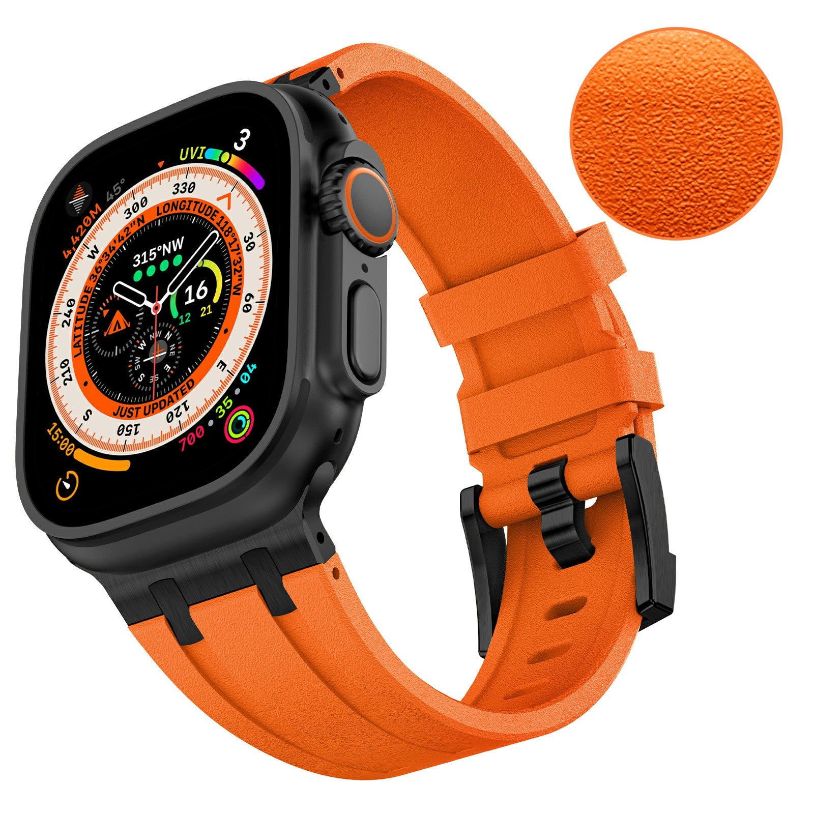 For Apple Watch Ultra 2 Ultra 49mm  /  Series 9 8 7 45mm  /  6 5 4 SE SE (2022) SE (2023) 44mm  /  3 2 1 42mm Stone Texture Strap - Black+Orange