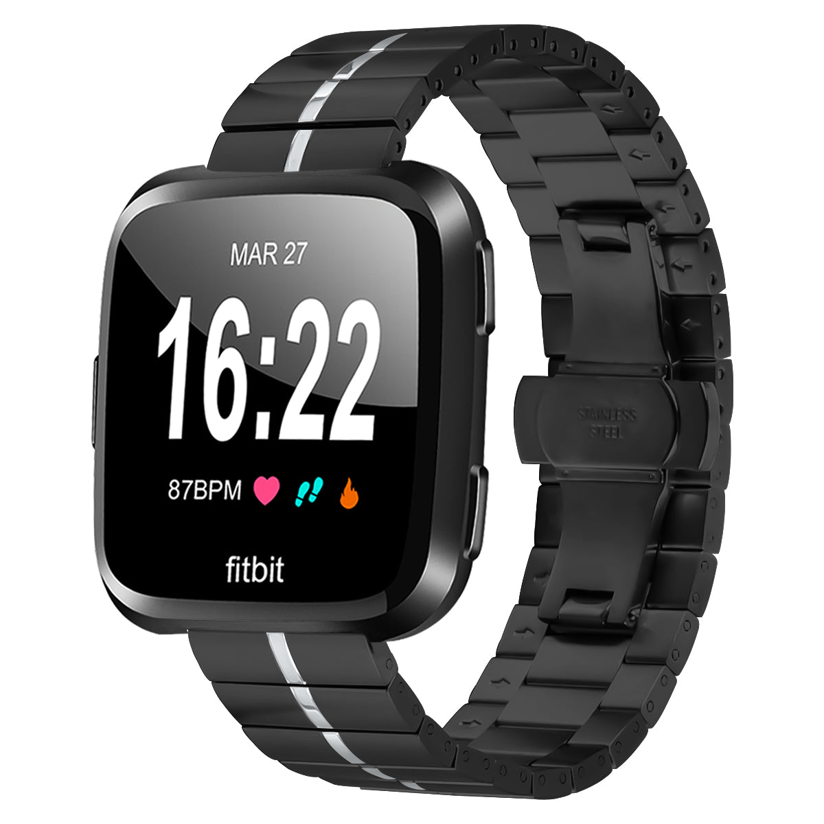 For Fitbit Versa / Versa Lite / Versa 2 Line Splicing Stainless Steel Watch Strap Butterfly Buckle Band - Black+Silver