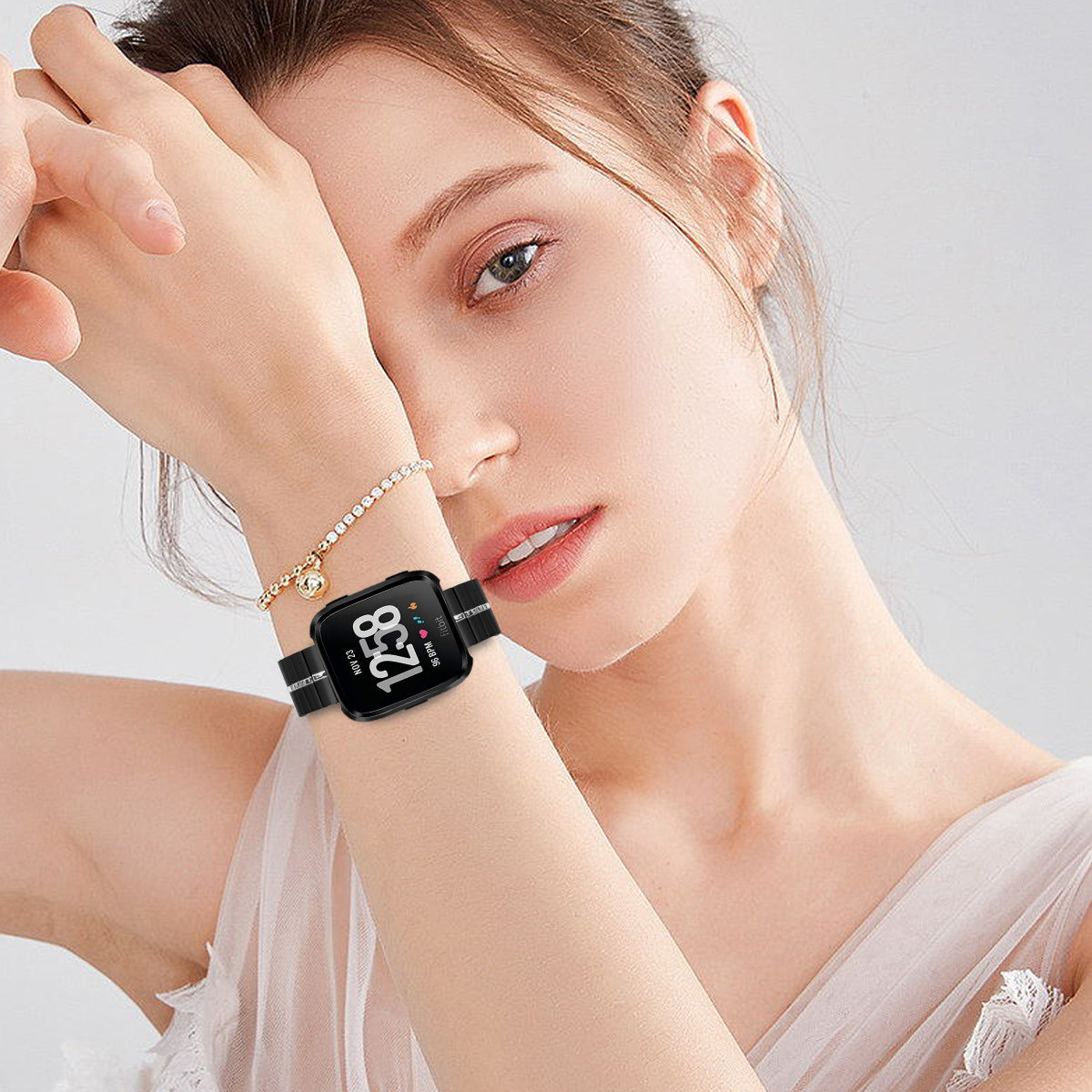 For Fitbit Versa / Versa Lite / Versa 2 Line Splicing Stainless Steel Watch Strap Butterfly Buckle Band - Black+Silver