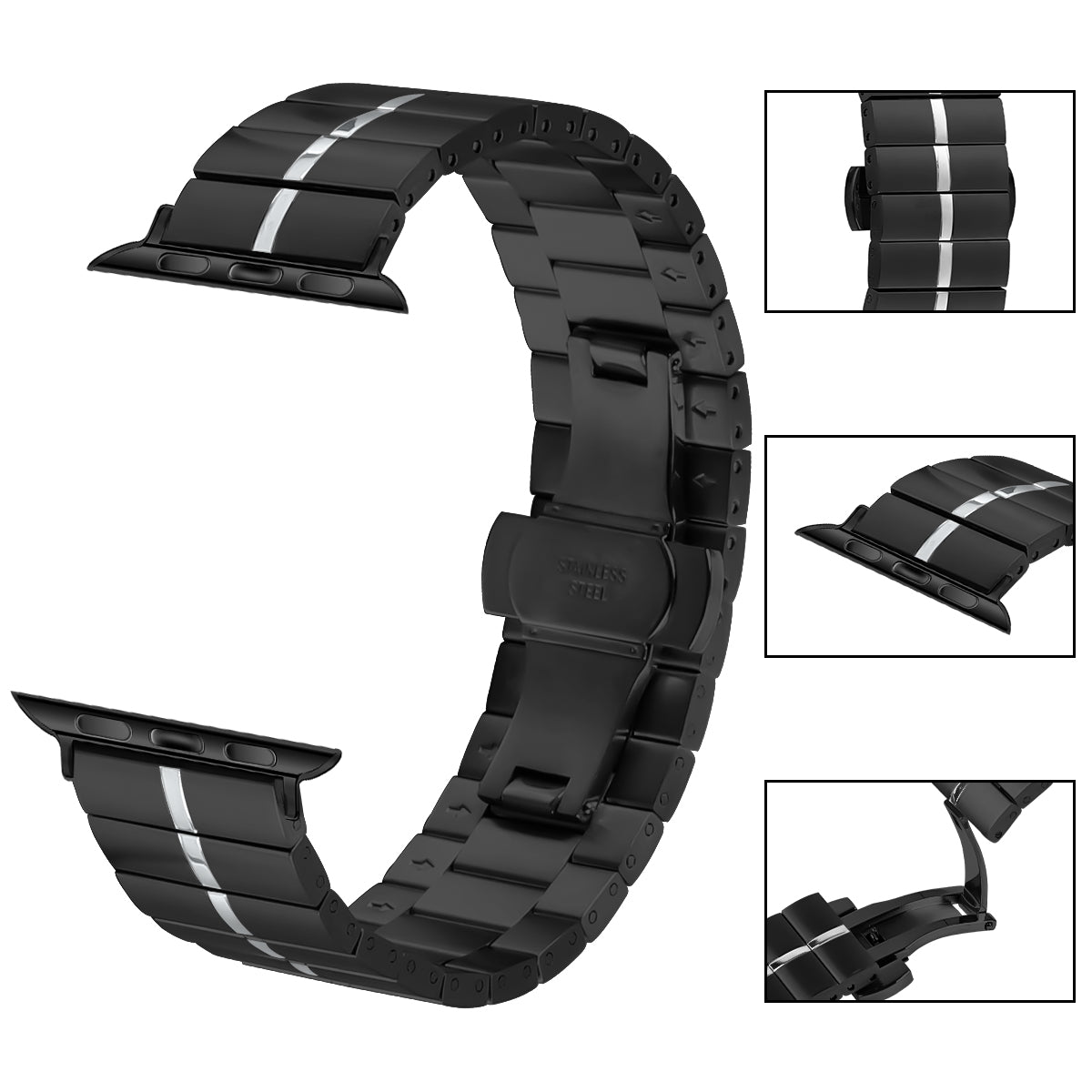 For Apple Watch Series 9 8 7 41mm / Series 6 5 4 SE (2022) SE (2023) SE 40mm / Series 3 2 1 38mm Stainless Steel Strap - Black+Silver
