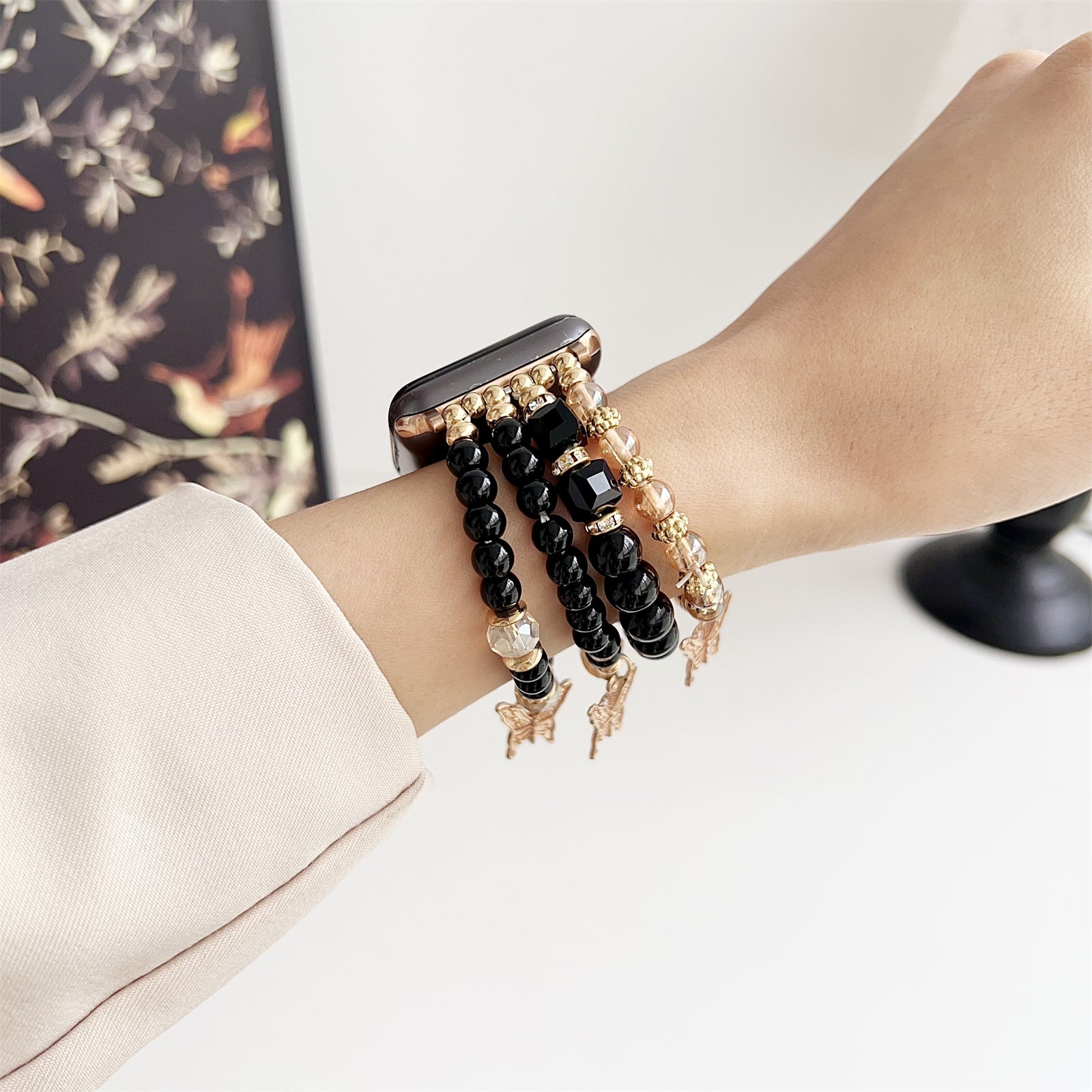 For Apple Watch Series 9 8 7 41mm / 6 5 4 SE (2022) SE (2023) SE 40mm / 3 2 1 38mm Ethnic Style Beaded Watch Strap - Black