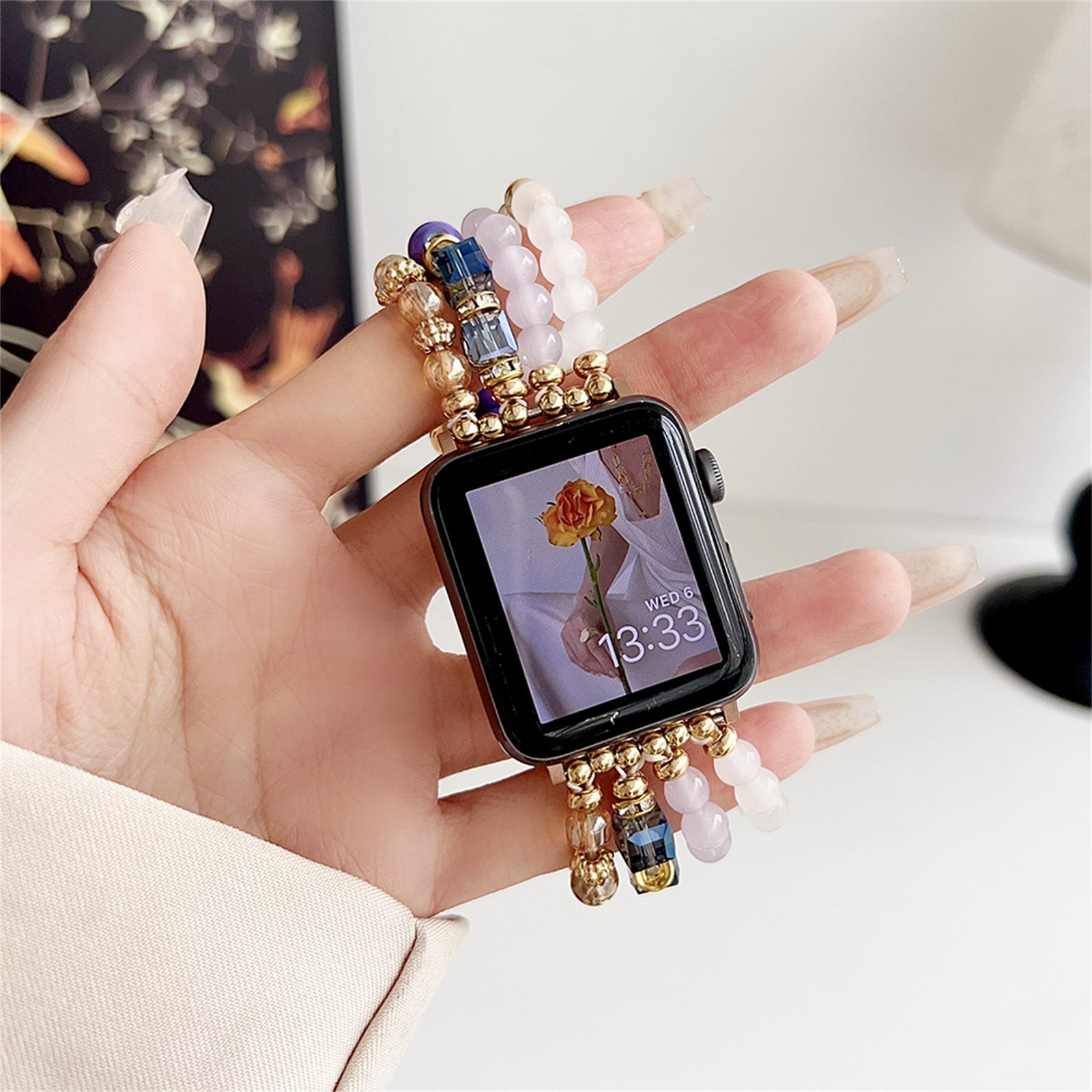 For Apple Watch Series 9 8 7 41mm / 6 5 4 SE (2022) SE (2023) SE 40mm / 3 2 1 38mm Ethnic Style Beaded Watch Strap - Black