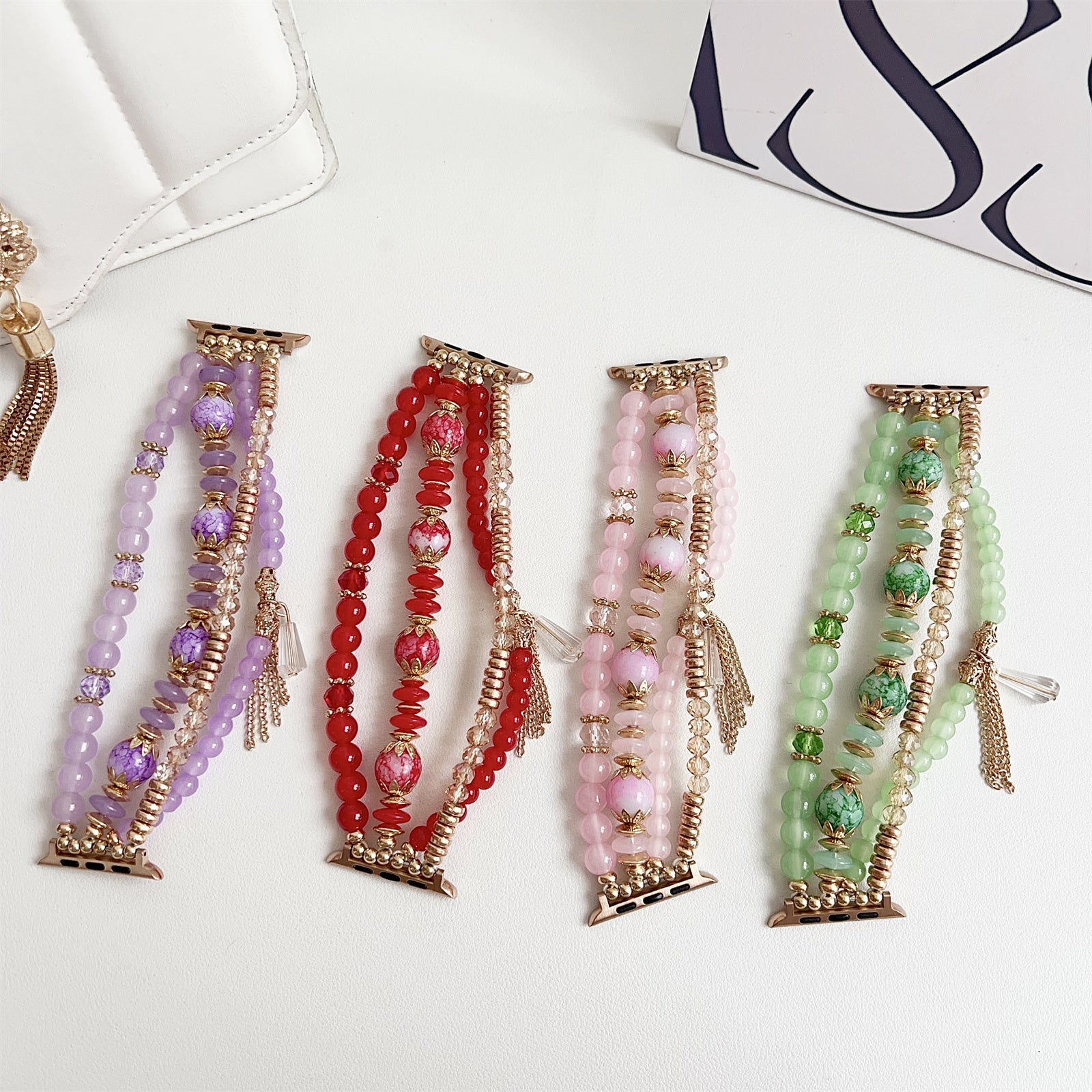 For Apple Watch Series 9 8 7 41mm / 6 5 4 SE (2022) SE (2023) SE 40mm / 3 2 1 38mm Beaded Watch Strap with Tassel - Purple