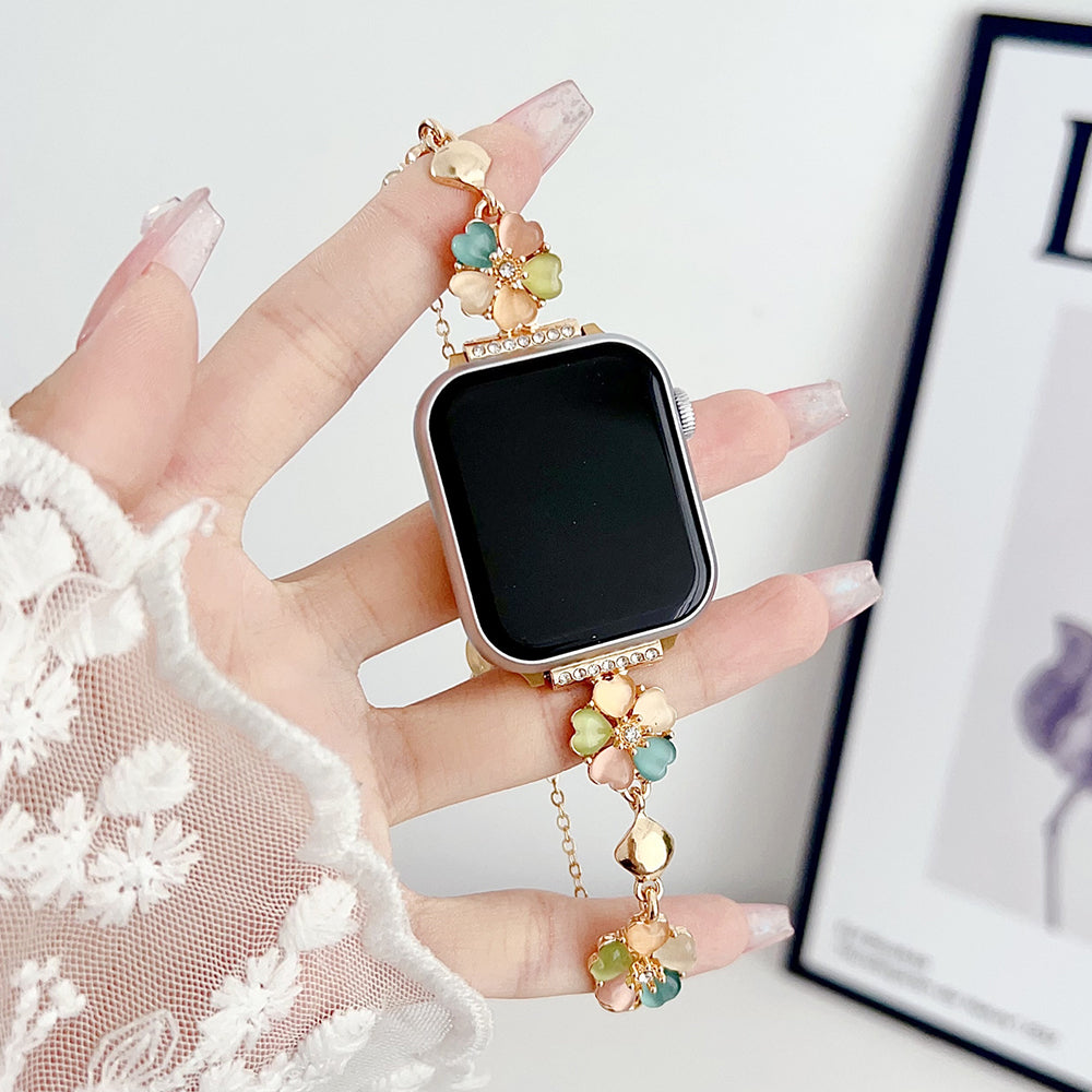 For Apple Watch Series 9 8 7 41mm  /  6 5 4 SE (2023) SE (2022) SE 40mm  /  3 2 1 38mm Watchband Heart-shaped Flower Chain Strap - Colorful+Gold