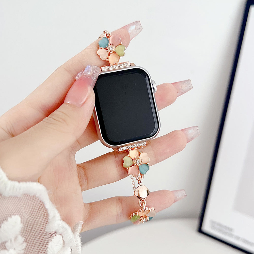 For Apple Watch Series 9 8 7 41mm  /  6 5 4 SE (2023) SE (2022) SE 40mm  /  3 2 1 38mm Watchband Heart-shaped Flower Chain Strap - Colorful+Gold