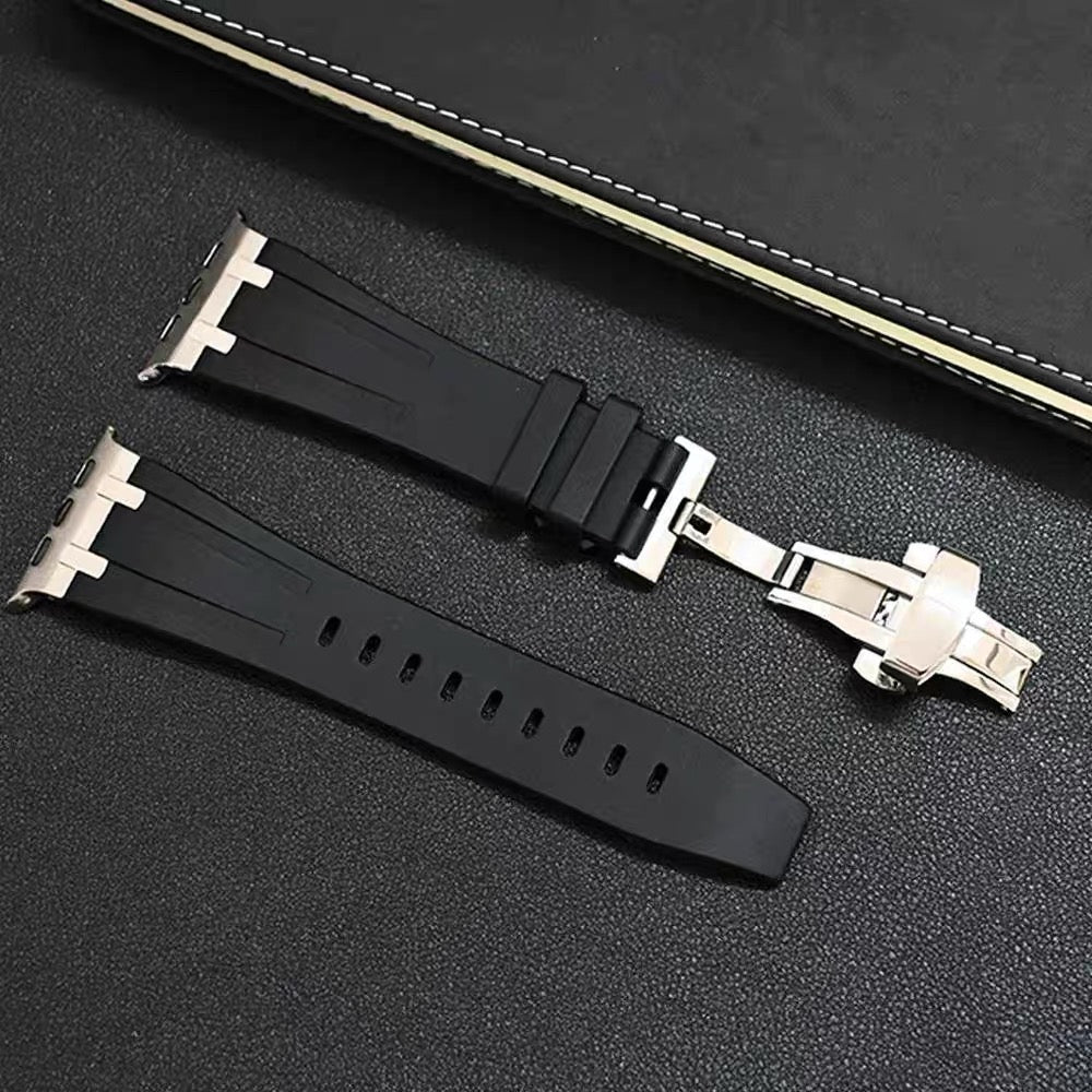 For Apple Watch Series 9 8 7 41mm / SE (2023) SE (2022) SE 6 5 4 40mm / 3 2 1 38mm Silicone Band Butterfly Buckle Watch Strap - Black