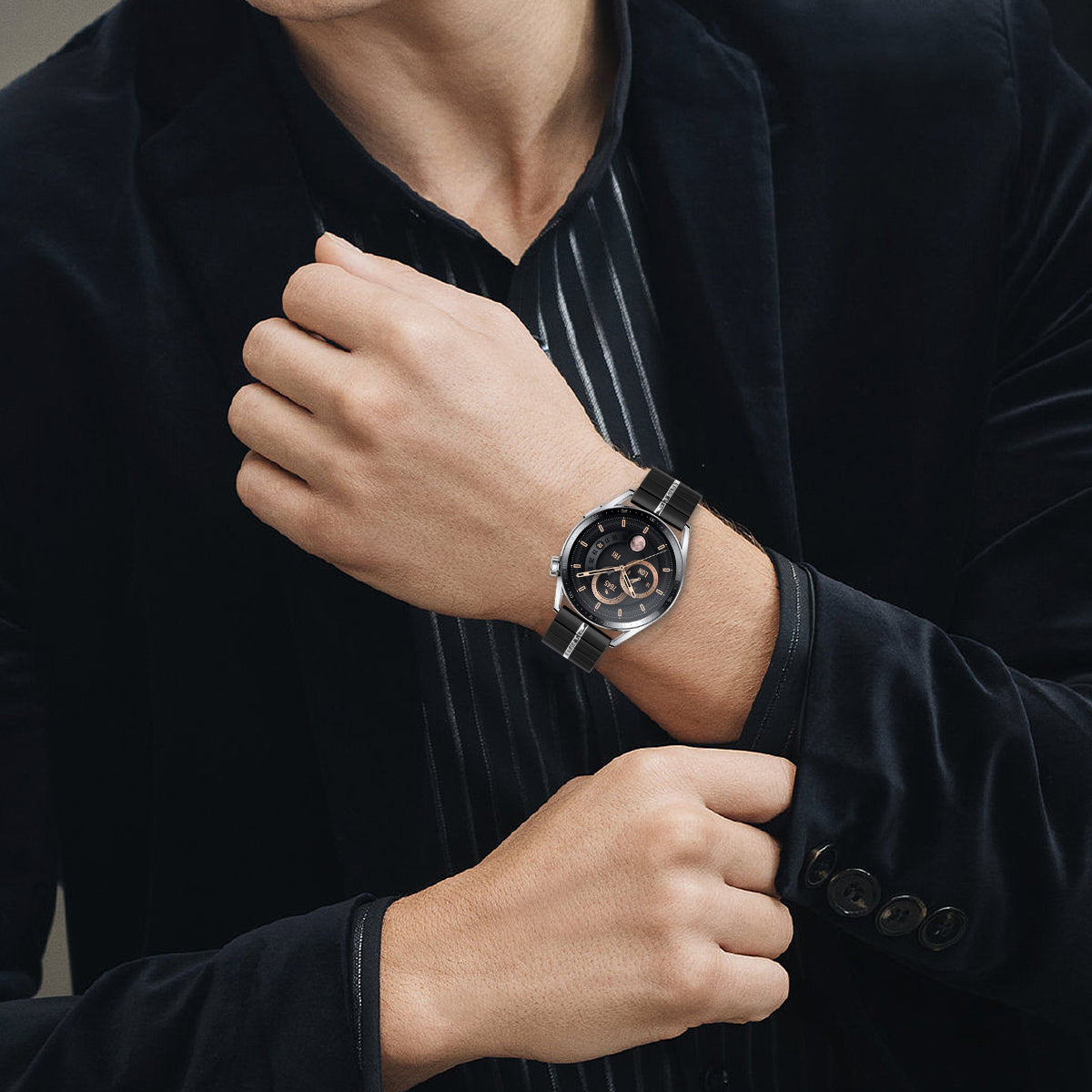 For Huawei Watch GT 4 46mm Smartwatch Band 1-Bead Stainless Steel Wrist Strap - Black+Silver