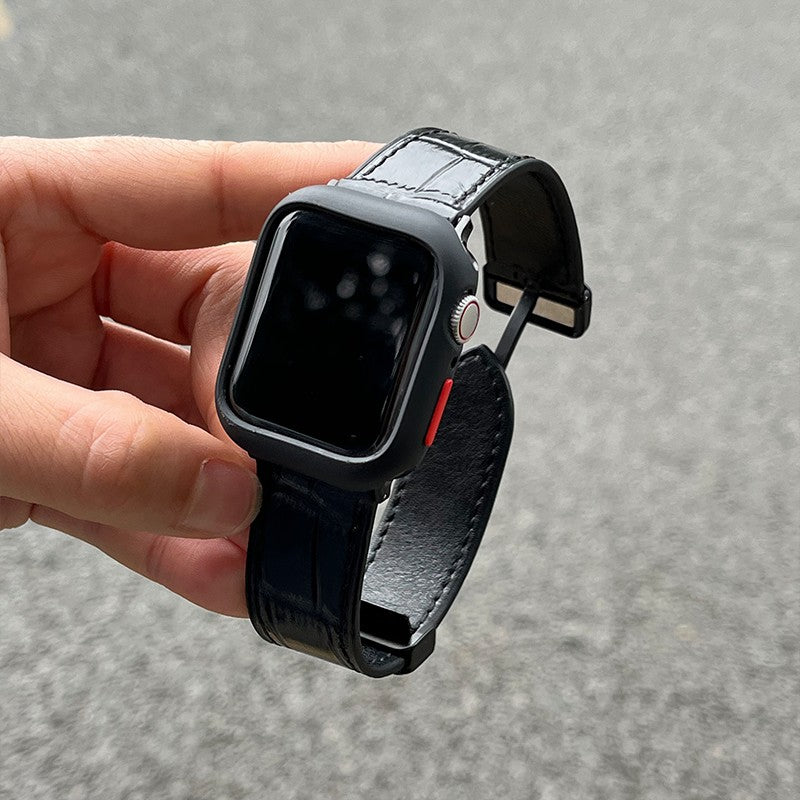 For Apple Watch Series 9 8 7 41mm / 6 5 4 SE (2022) SE (2023) SE 40mm / 3 2 1 38mm Genuine Cow Leather Strap Bamboo Pattern - Black