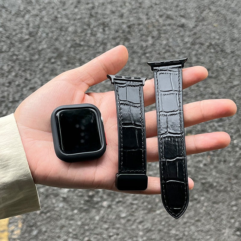 For Apple Watch Series 9 8 7 41mm / 6 5 4 SE (2022) SE (2023) SE 40mm / 3 2 1 38mm Genuine Cow Leather Strap Bamboo Pattern - Black