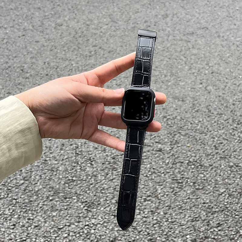 For Apple Watch Series 9 8 7 41mm / 6 5 4 SE (2022) SE (2023) SE 40mm / 3 2 1 38mm Genuine Cow Leather Strap Bamboo Pattern - Black