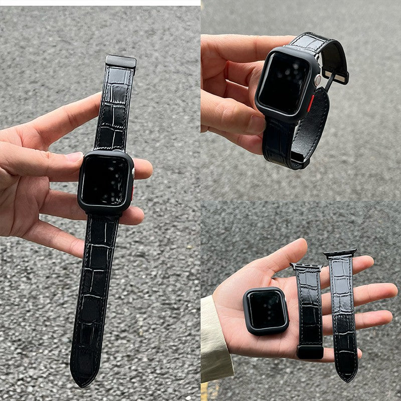 For Apple Watch Series 9 8 7 41mm / 6 5 4 SE (2022) SE (2023) SE 40mm / 3 2 1 38mm Genuine Cow Leather Strap Bamboo Pattern - Black