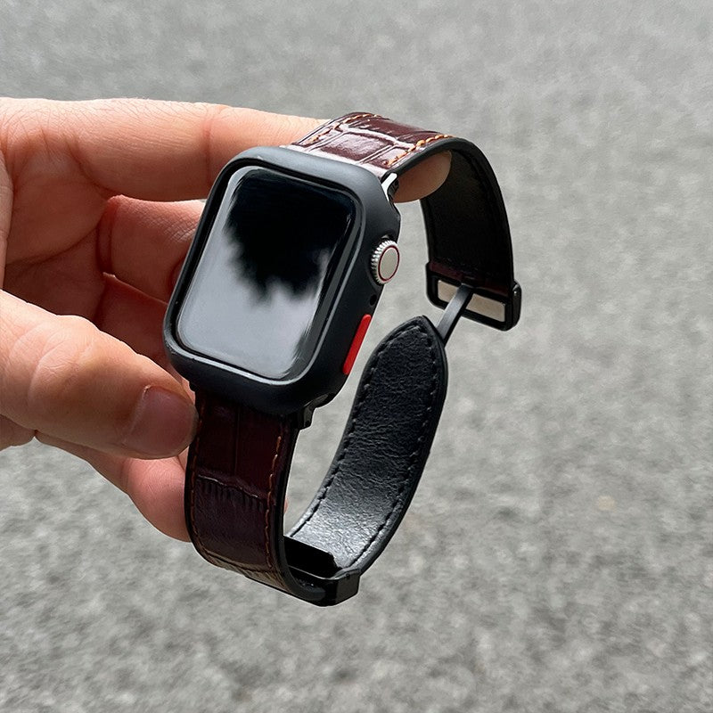 For Apple Watch Series 9 8 7 41mm / 6 5 4 SE (2022) SE (2023) SE 40mm / 3 2 1 38mm Genuine Cow Leather Strap Bamboo Pattern - Black