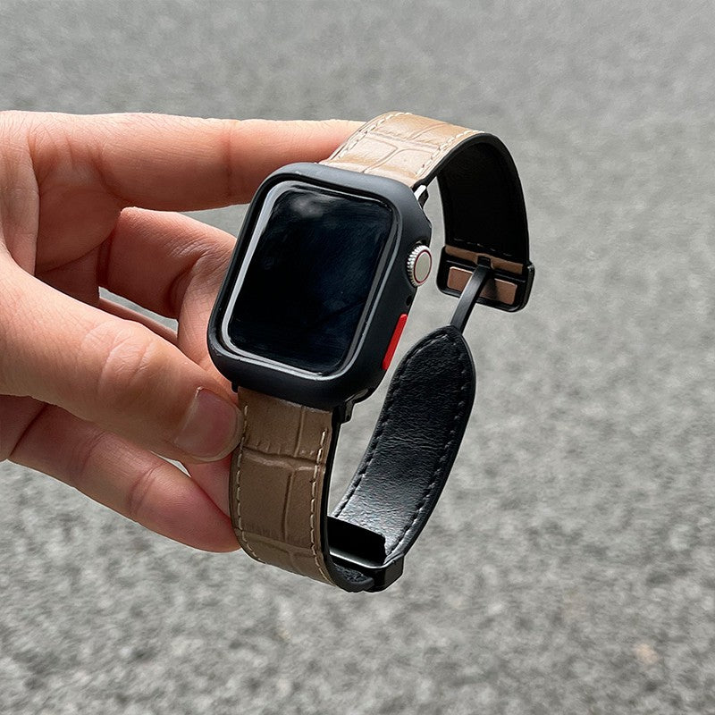 For Apple Watch Series 9 8 7 41mm / 6 5 4 SE (2022) SE (2023) SE 40mm / 3 2 1 38mm Genuine Cow Leather Strap Bamboo Pattern - Black
