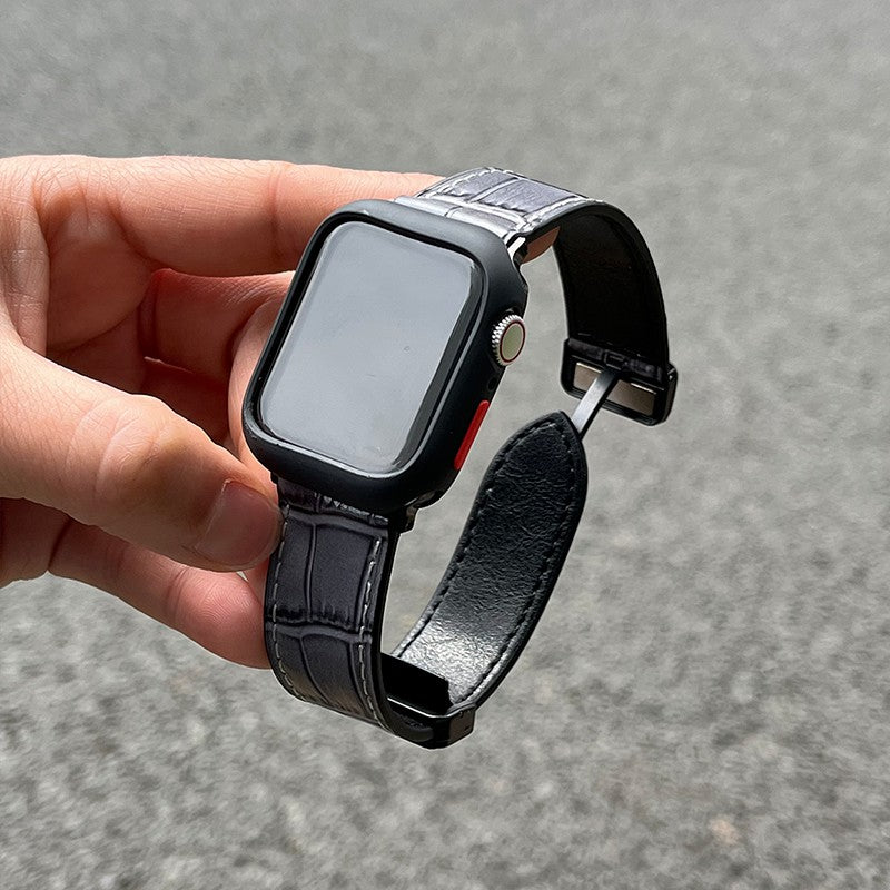For Apple Watch Series 9 8 7 41mm / 6 5 4 SE (2022) SE (2023) SE 40mm / 3 2 1 38mm Genuine Cow Leather Strap Bamboo Pattern - Black