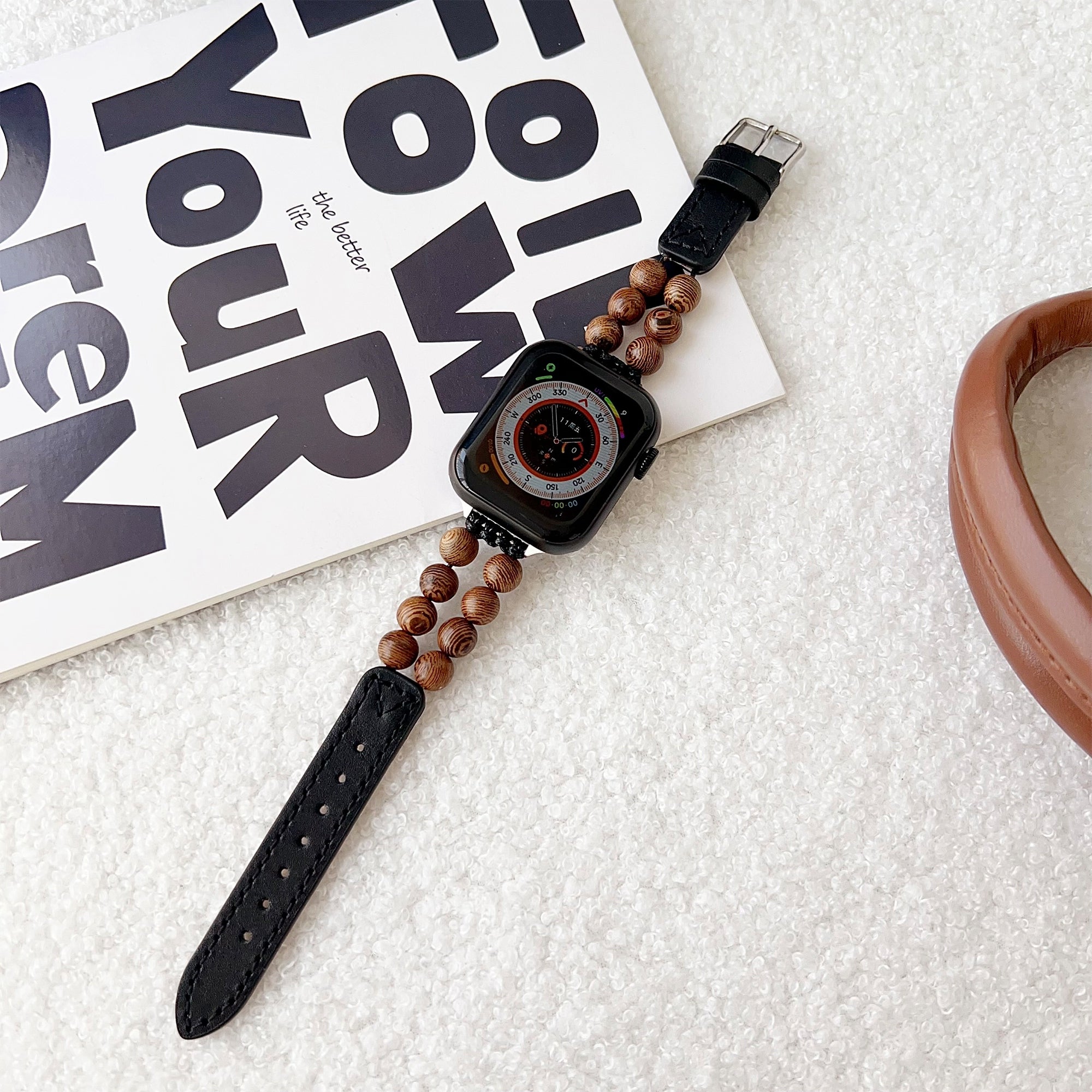 For Apple Watch Series 9 8 7 41mm  /  6 5 4 SE (2022) SE (2023) SE 40mm  /  3 2 1 38mm Watch Bracelet with Wooden Beads - Black