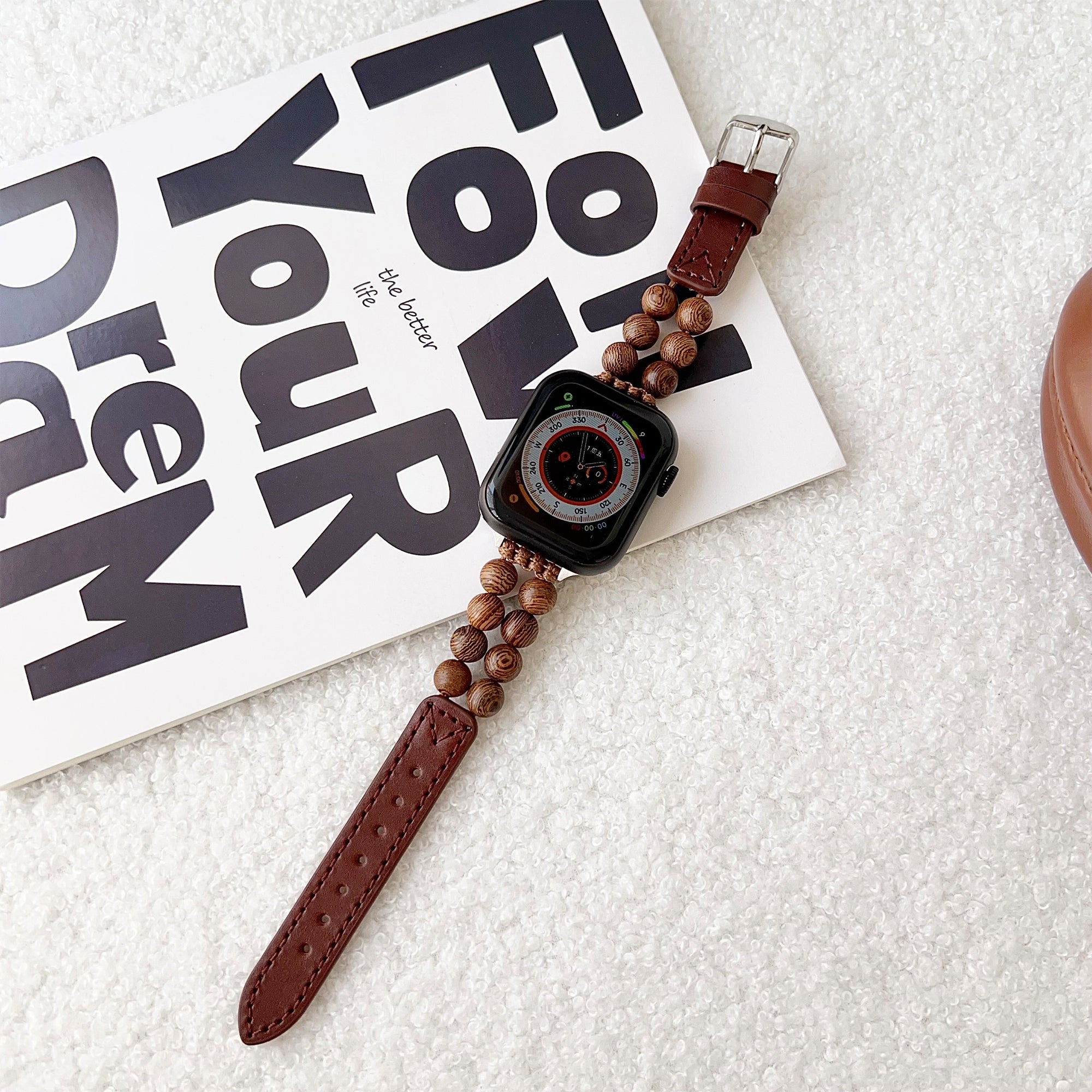 For Apple Watch Series 9 8 7 41mm  /  6 5 4 SE (2022) SE (2023) SE 40mm  /  3 2 1 38mm Watch Bracelet with Wooden Beads - Black