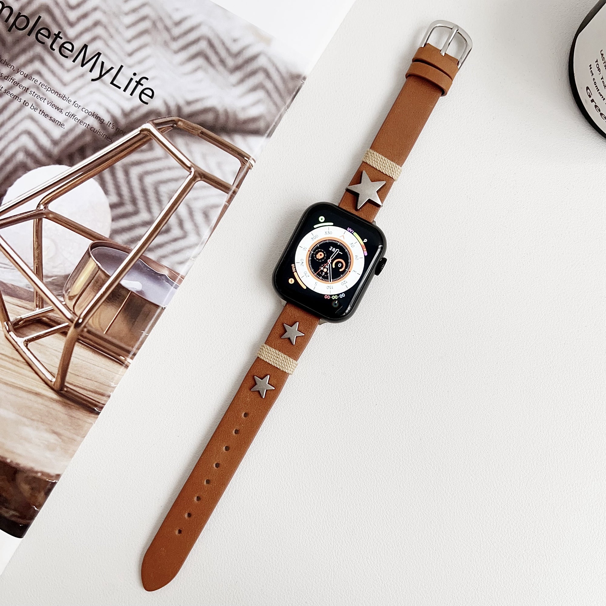 For Apple Watch Ultra 2 Ultra 49mm /  9 8 7 45mm / 6 5 4 SE (2023) SE (2022) SE 44mm / 3 2 1 42mm Strap Genuine Cow Leather Watchband - Apricot