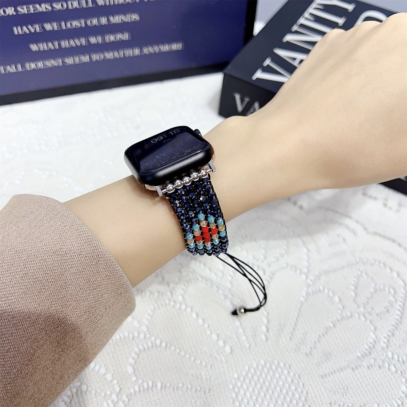 For Apple Watch Series 9 8 7 41mm / 6 5 4 SE (2023) SE (2022) SE 40mm / 3 2 1 38mm Strap Nylon+Beads Woven Watch Band - Black