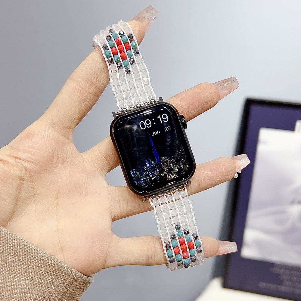 For Apple Watch Series 9 8 7 41mm / 6 5 4 SE (2023) SE (2022) SE 40mm / 3 2 1 38mm Strap Nylon+Beads Woven Watch Band - Black
