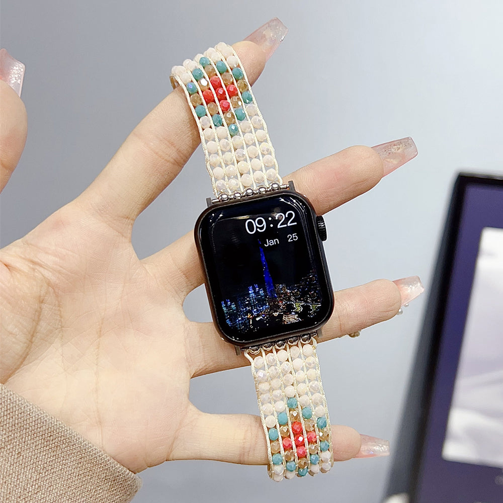 For Apple Watch Series 9 8 7 41mm / 6 5 4 SE (2023) SE (2022) SE 40mm / 3 2 1 38mm Strap Nylon+Beads Woven Watch Band - Black