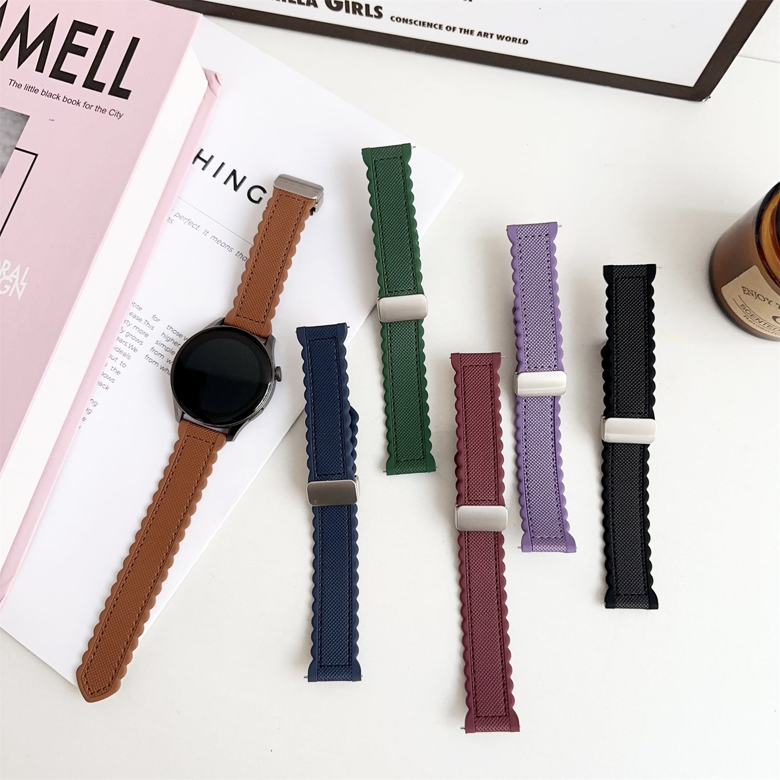 For Samsung Galaxy Watch6 Classic 47mm / 43mm Watch Strap 20mm Leather+Silicone Magnetic Watch Band - Black