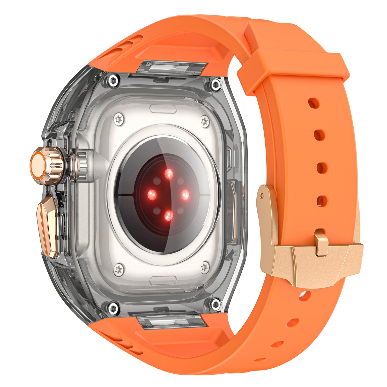 For Apple Watch Series 9 8 7 45mm / 6 5 4 SE (2023) SE (2022) SE 44mm TPU Watch Bands with Hard PC Case - Orange+Transparent Black