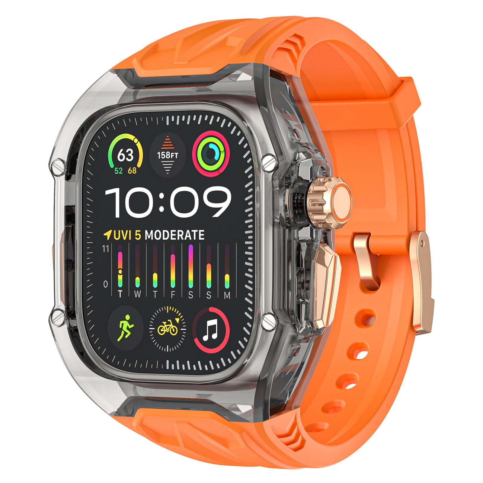 For Apple Watch Series 9 8 7 45mm / 6 5 4 SE (2023) SE (2022) SE 44mm TPU Watch Bands with Hard PC Case - Orange+Transparent Black