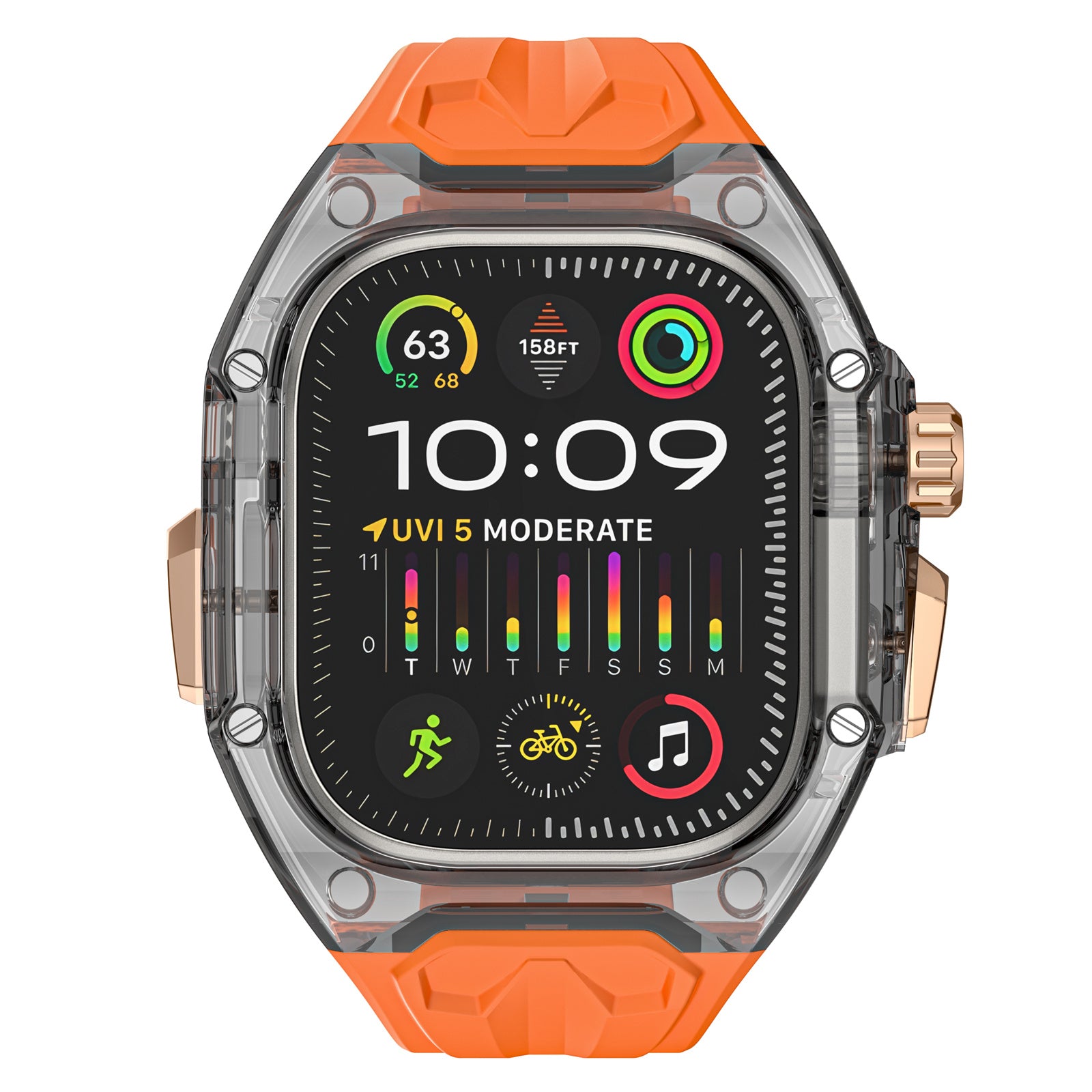 For Apple Watch Series 9 8 7 45mm / 6 5 4 SE (2023) SE (2022) SE 44mm TPU Watch Bands with Hard PC Case - Orange+Transparent Black