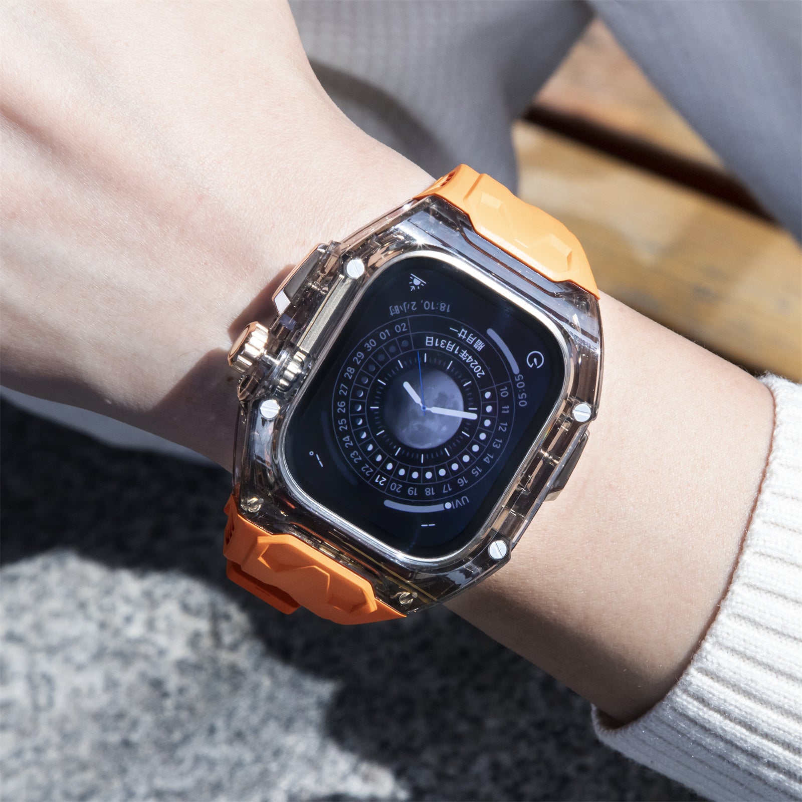 For Apple Watch Series 9 8 7 45mm / 6 5 4 SE (2023) SE (2022) SE 44mm TPU Watch Bands with Hard PC Case - Orange+Transparent Black