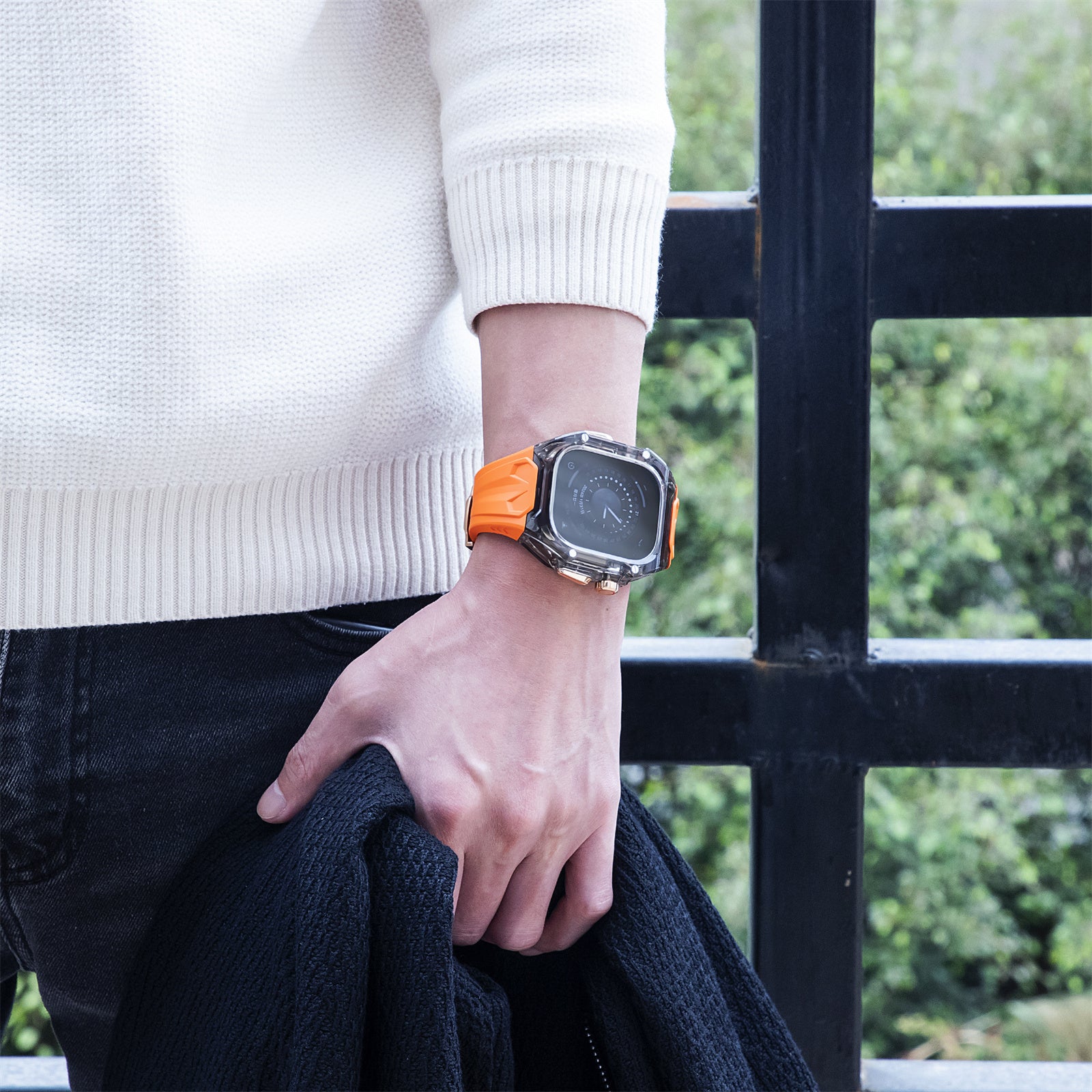For Apple Watch Series 9 8 7 45mm / 6 5 4 SE (2023) SE (2022) SE 44mm TPU Watch Bands with Hard PC Case - Orange+Transparent Black