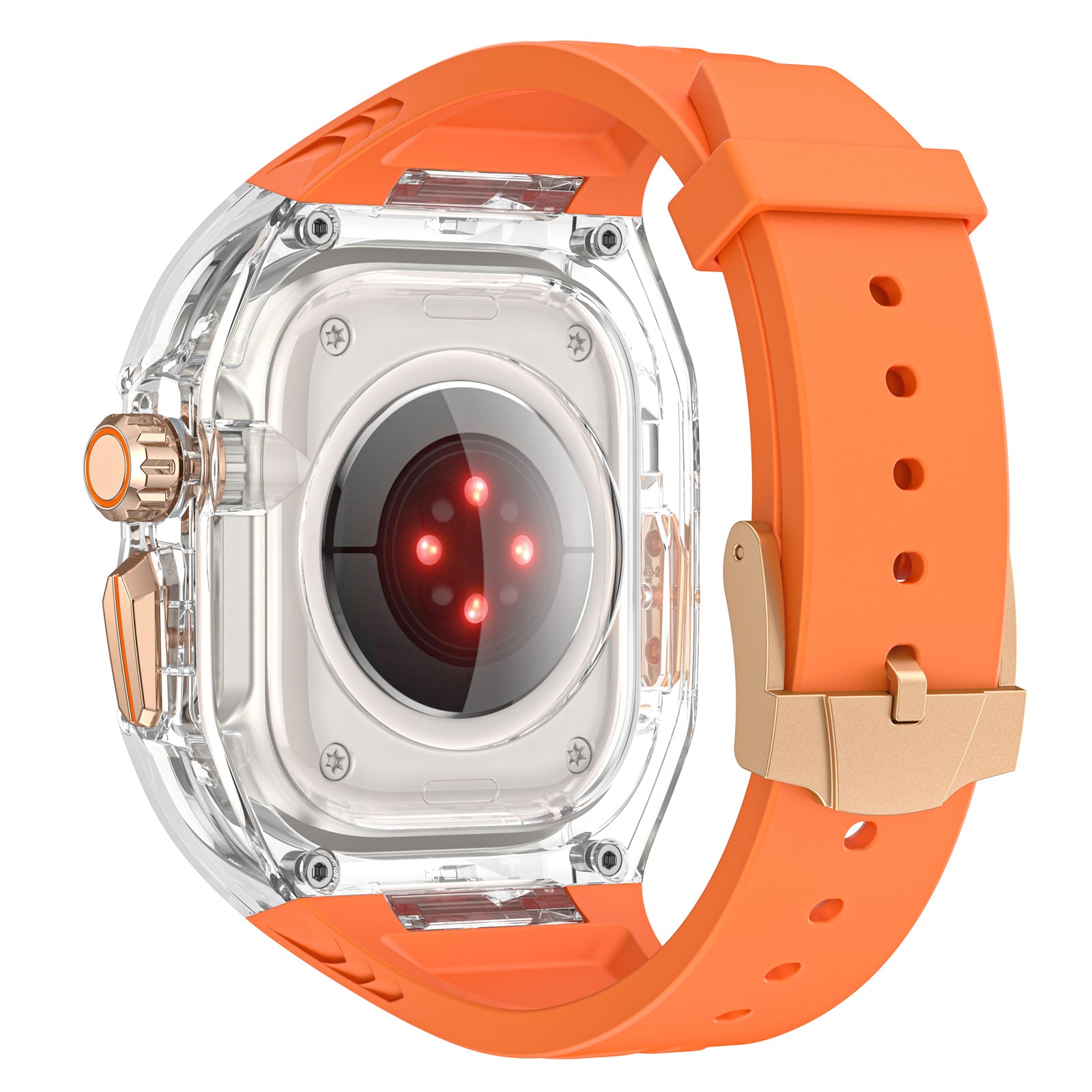 For Apple Watch Series 9 8 7 45mm / 6 5 4 SE (2023) SE (2022) SE 44mm TPU Watch Bands with Hard PC Case - Orange+Transparent Black