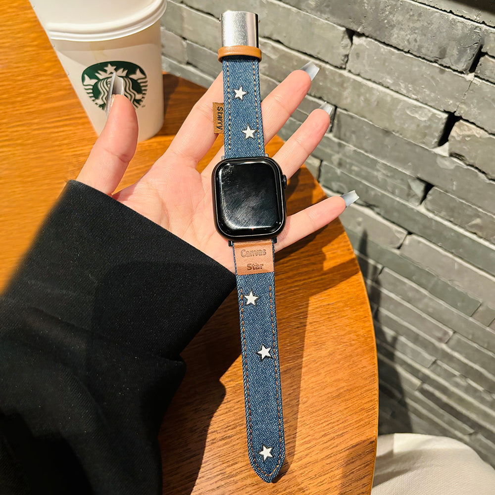 For Apple Watch Ultra 2 Ultra 49mm  /  Series 9 8 7 45mm  /  SE (2023) SE (2022) SE 6 5 4 44mm  /  3 2 1 42mm Watch Strap Denim Band - Black+Silver Buckle