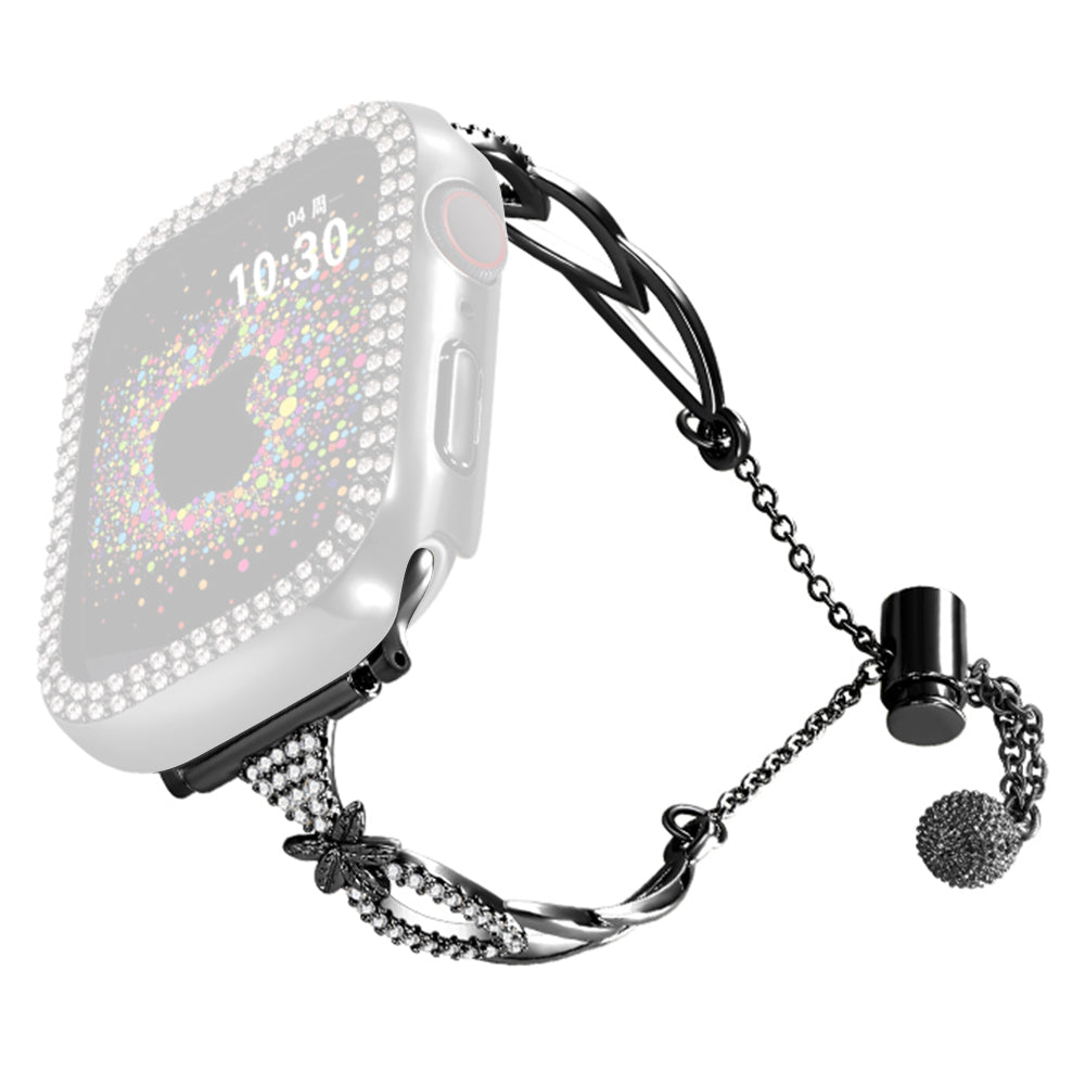 For Apple Watch Series 9 8 7 41mm / 6 5 4 SE (2022) SE (2023) SE 40mm / 3 2 1 38mm Copper Bracelet Rhinestone Decor Strap - Black
