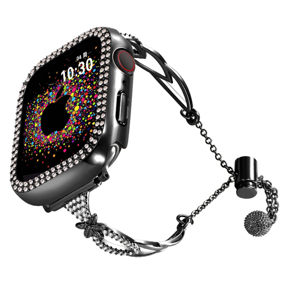 For Apple Watch Series 9 8 7 41mm / 6 5 4 SE (2022) SE (2023) SE 40mm / 3 2 1 38mm Copper Bracelet Rhinestone Decor Strap - Black