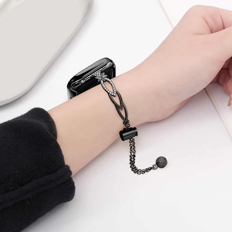 For Apple Watch Series 9 8 7 41mm / 6 5 4 SE (2022) SE (2023) SE 40mm / 3 2 1 38mm Copper Bracelet Rhinestone Decor Strap - Black