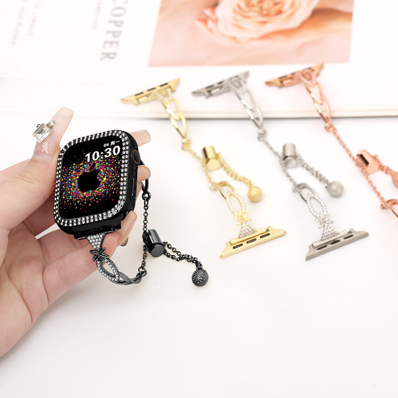 For Apple Watch Series 9 8 7 41mm / 6 5 4 SE (2022) SE (2023) SE 40mm / 3 2 1 38mm Copper Bracelet Rhinestone Decor Strap - Black