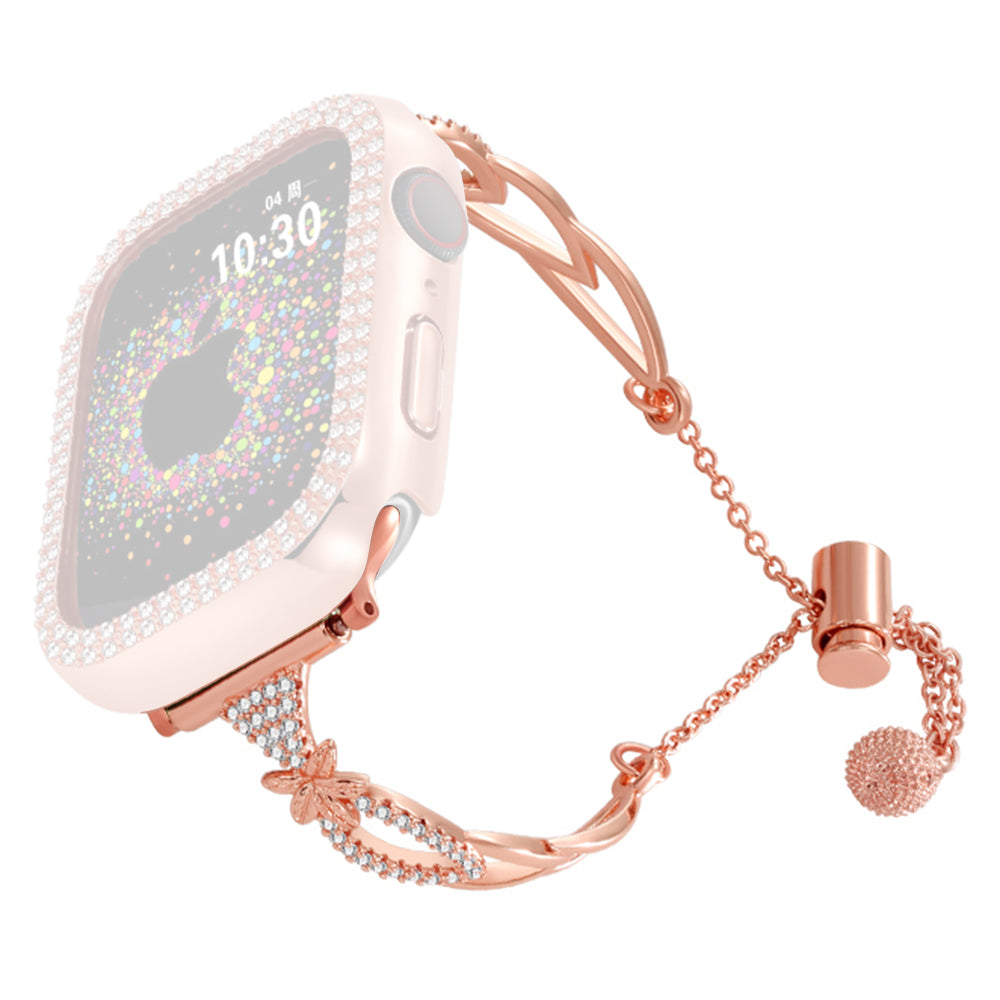 For Apple Watch Series 9 8 7 41mm / 6 5 4 SE (2022) SE (2023) SE 40mm / 3 2 1 38mm Copper Bracelet Rhinestone Decor Strap - Black