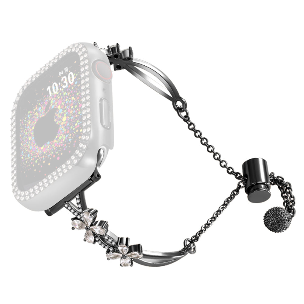 20mm Universal Rhinestone Flower Smart Watch Band Copper Bracelet Replacement Strap - Black