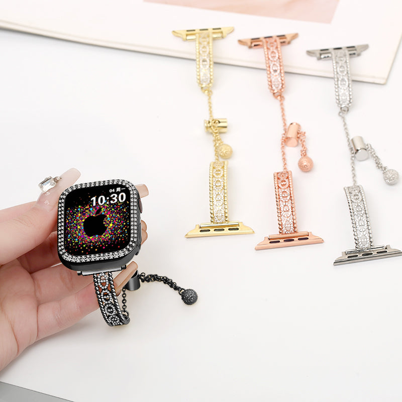 For Apple Watch Series 9 8 7 41mm / 6 5 4 SE (2022) SE (2023) SE 40mm / 3 2 1 38mm Rhinestone Copper Bracelet Strap - Black