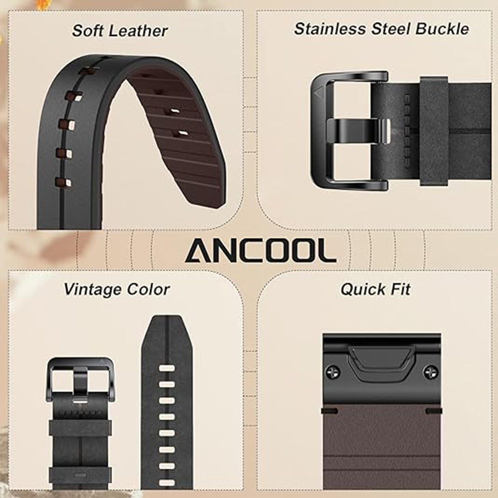 For Garmin Fenix 5 6 7 Instinc Instinc 2 Approach 22mm Soft Genuine Leather Watch Strap - Black