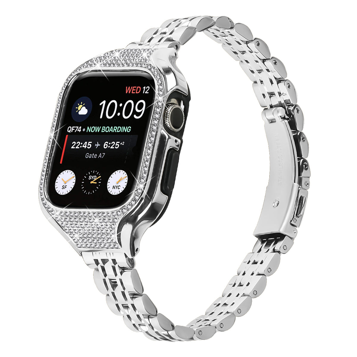 For Apple Watch Series 7 / 8 / 9 41mm 7 Beads Stainless Steel Watchband with Rhinestone Watch Case - Silver