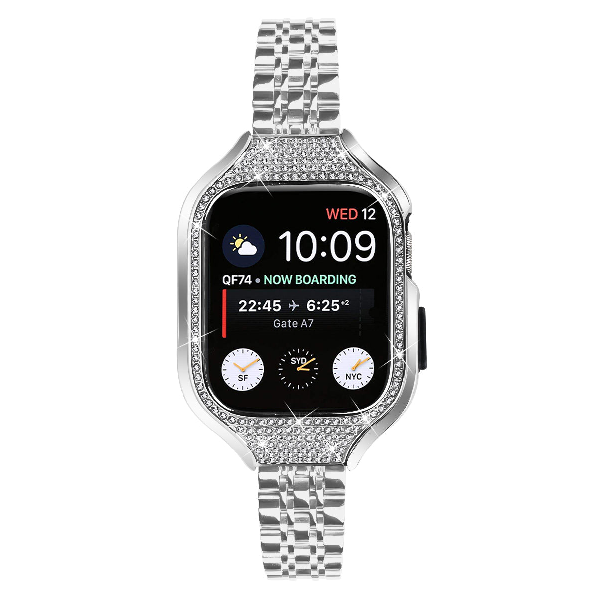 For Apple Watch Series 7 / 8 / 9 41mm 7 Beads Stainless Steel Watchband with Rhinestone Watch Case - Silver