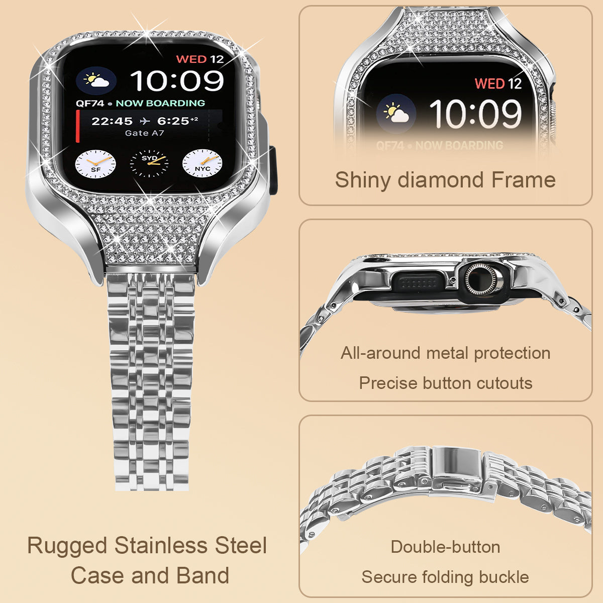 For Apple Watch Series 7 / 8 / 9 41mm 7 Beads Stainless Steel Watchband with Rhinestone Watch Case - Silver