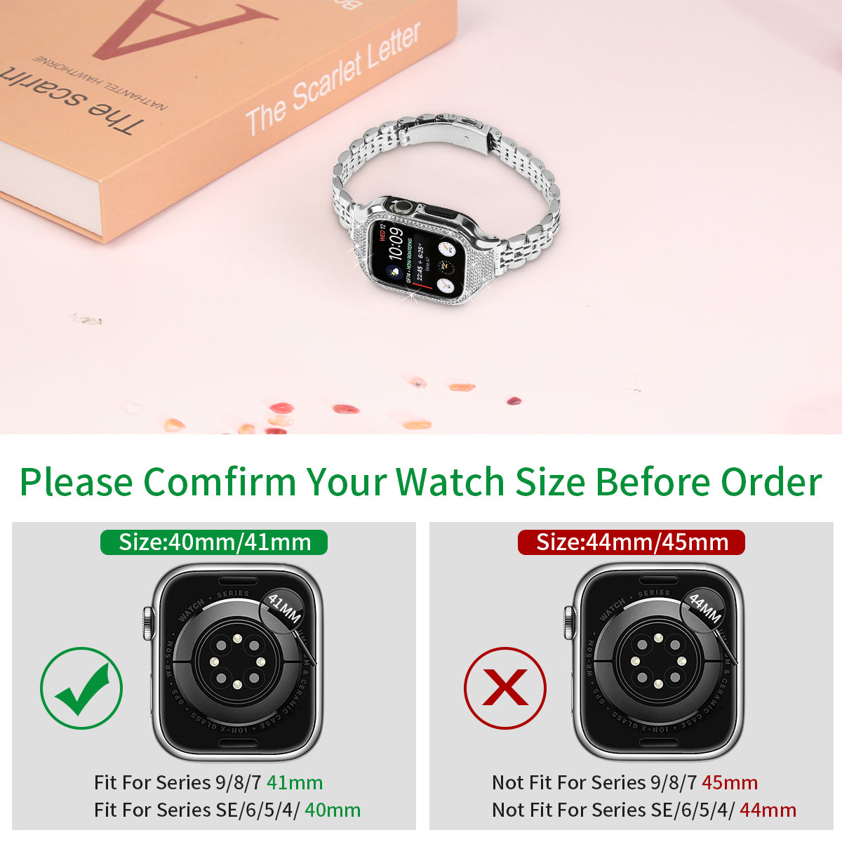 For Apple Watch Series 7 / 8 / 9 41mm 7 Beads Stainless Steel Watchband with Rhinestone Watch Case - Silver