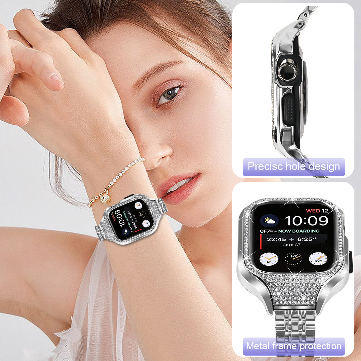For Apple Watch Series 7 / 8 / 9 41mm 7 Beads Stainless Steel Watchband with Rhinestone Watch Case - Silver